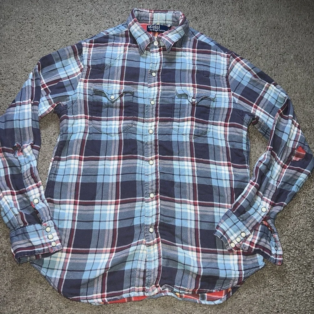 Vintage 90s Polo Ralph Lauren Navy Metal Snap Western‎ Shirt M